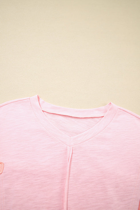 Mixed Daisy Applique Exposed Seam Oversized V Neck Top
